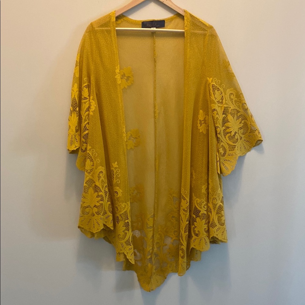 Blue Rain Mustard Yellow Lace Kimono Cardigan